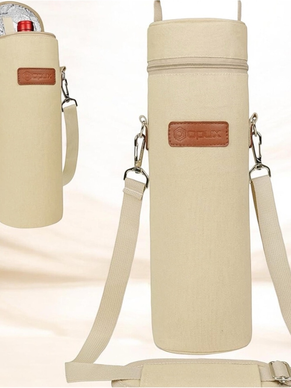 Beige Insulated Bottle Carrier with Adjustable Strap